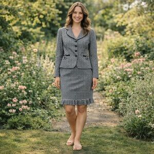 Vintage Sweet Suit Black White Houndstooth Skirt Suit Set Size 8